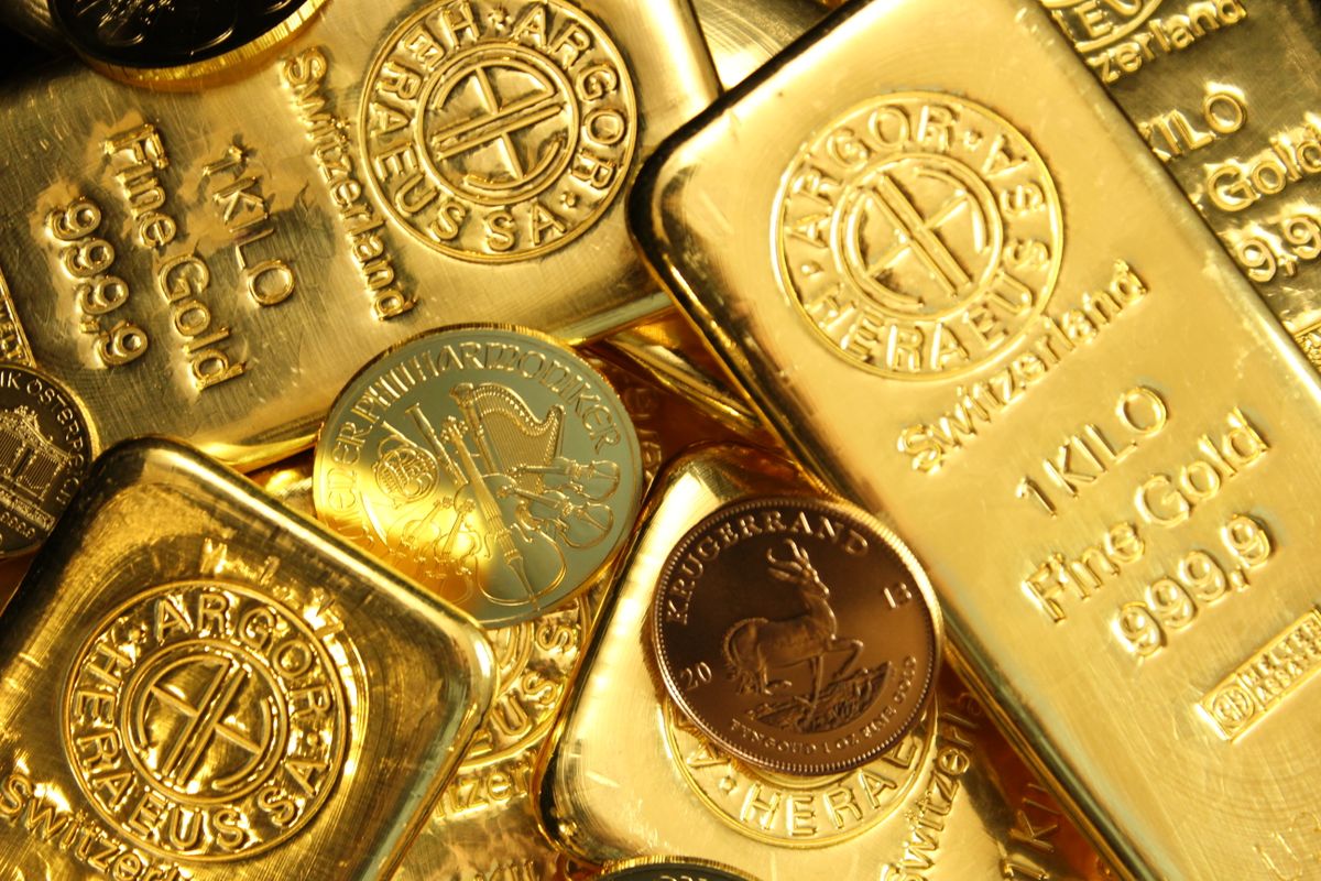 Gold bullion bars and coins